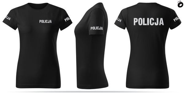 Koszulka damska T-shirt, kolor czarny, nadruk odblaskowy POLICJA