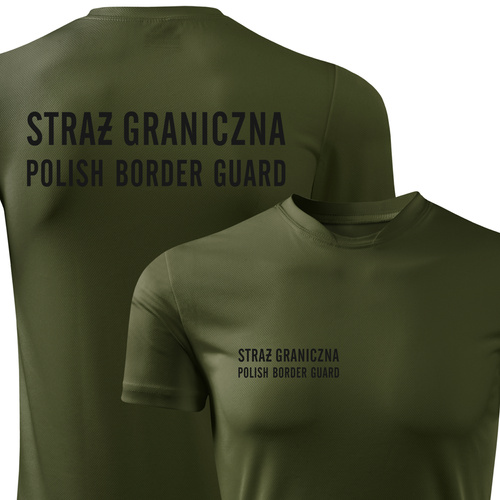 Termoaktywna koszulka męska z nadrukiem STRAŻ GRANICZNA POLISH BODRER GUARD - zieleń wojskowa