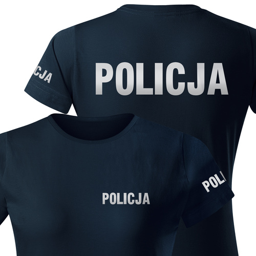 Koszulka damska T-shirt, kolor granatowy, nadruk odblaskowy POLICJA
