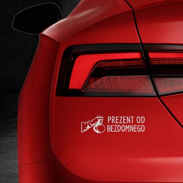 PREZENT OD BEZDOMNEGO sakiewka odblaskowa naklejka na auto srebrna