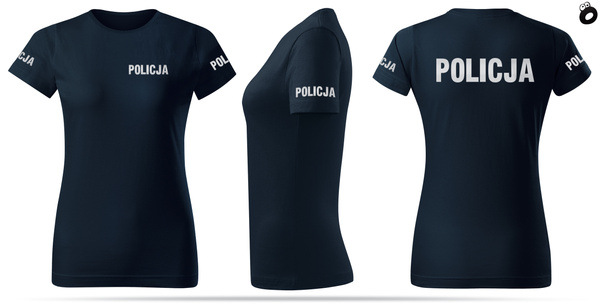 Koszulka damska T-shirt, kolor granatowy, nadruk odblaskowy POLICJA