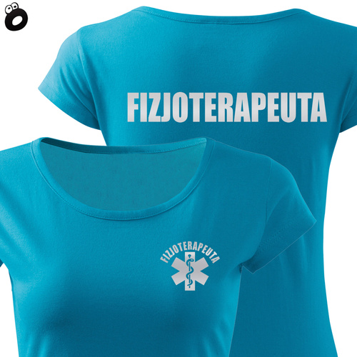 Koszulka damska kolor błękitny, nadruk odblaskowy FIZJOTERAPEUTA